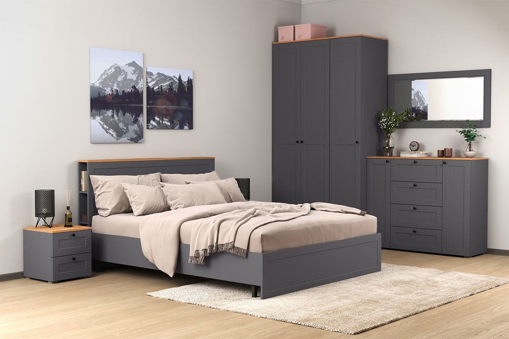 Кровать с ортопедическим основанием и опорами Остин 11.53, Серый графит, Дуб золотой