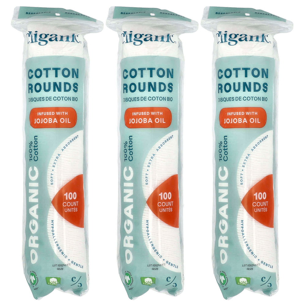 Cliganic, Круглые упаковки из органического хлопка с маслом жожоба, 3 упаковки (100 шт.)