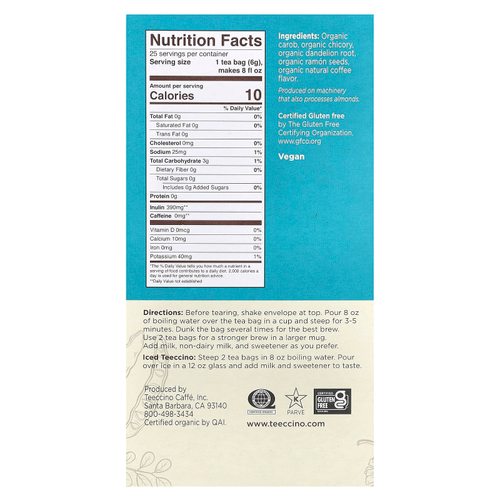 Teeccino, органический обжаренный травяной чай, одуванчик темного способа обжаривания, без кофеина, 25 чайных пакетиков, 150 г (5,3 унции)