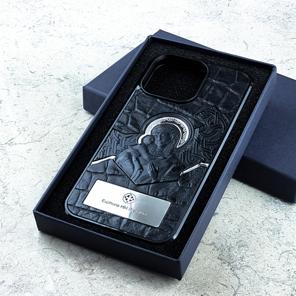 Солидный Премиум чехол для iPhone из натуральной кожи Euphoria HM Premium аксессуар из Православной коллекции с изображением Пресвятой Богородицы