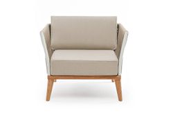 "Касабланка" кресло плетеное из роупа, основание дуб, каркас алюминий светло-серый (RAL7035) муар, роуп серо-коричневый 23мм, ткань бежевая 052