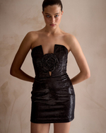 Black Mini Dress with Rose Appliqué