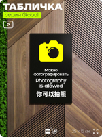 Табличка Можно фотографировать, на дверь и стену, информационная и мультиязычная (русский, английский, китайский), серия GLOBAL, 25х15 см, Айдентика Технолоджи