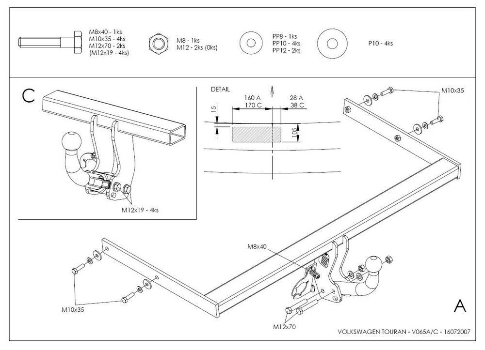 Фаркоп оцинкованный Galia V065A для Volkswagen Touran 2002-2015(паспорт и сертификат в комплекте)(без электрики)