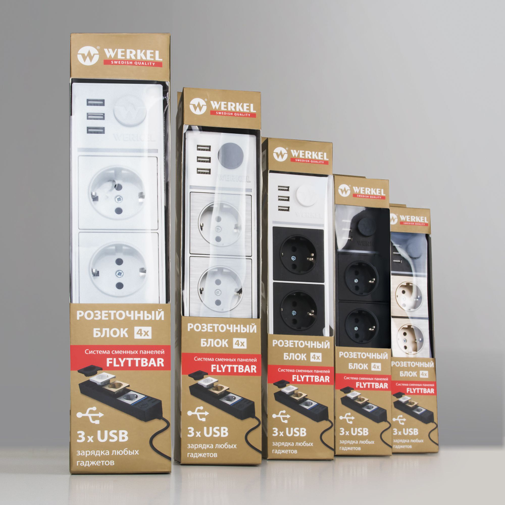Розеточный блок 4-х местный + 3 USB черный/шампань рифленый W6514944