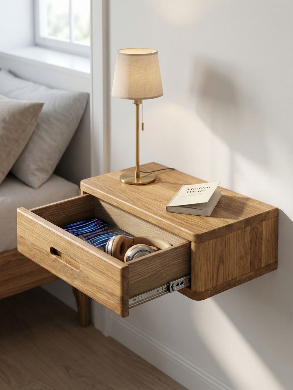 Тумба прикроватная, 47х29х14.5, Мелания, подвесная, с ящиком, массив дуба, лак, Dipriz
