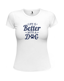 Футболка Life is better with a dog unisex белая с синим рисунком