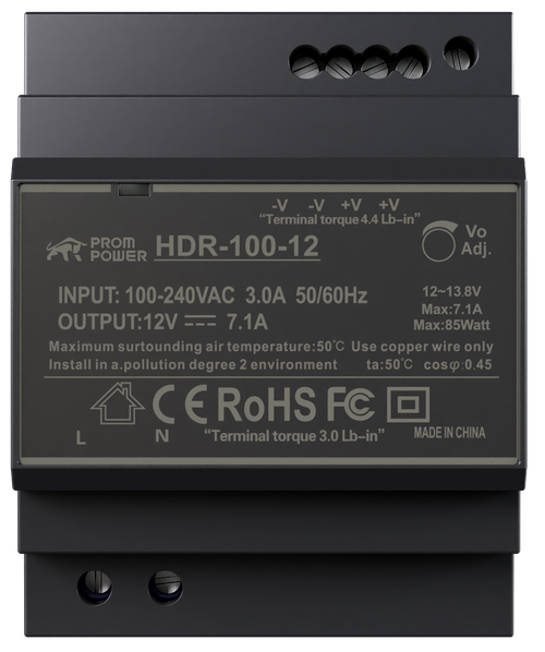 Источник питания PROMPOWER HDR-100-12, H:H12 В DC, 7.1А, 85.2Вт. Вх. 85-264В AC (120-370 В DC)