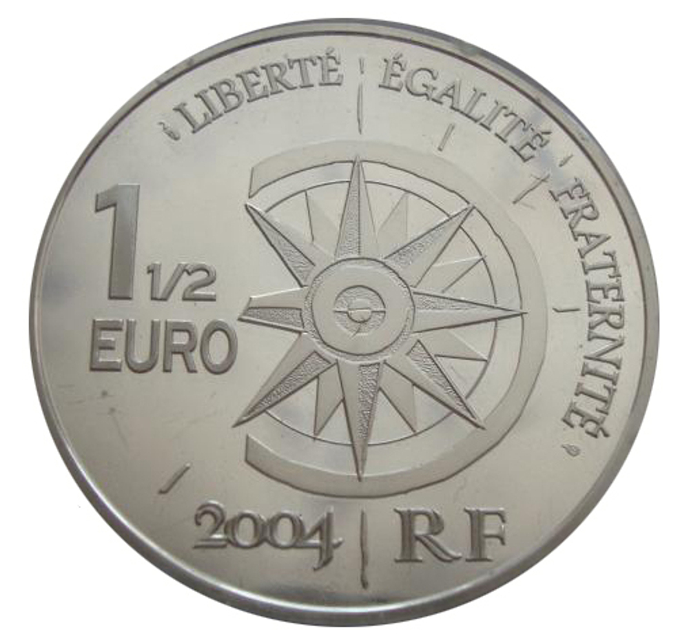 1,5 евро 2004 год. Франция. Париж-Владивосток. Транссибирский экспресс. Поезд. Железная дорога. Серебро
