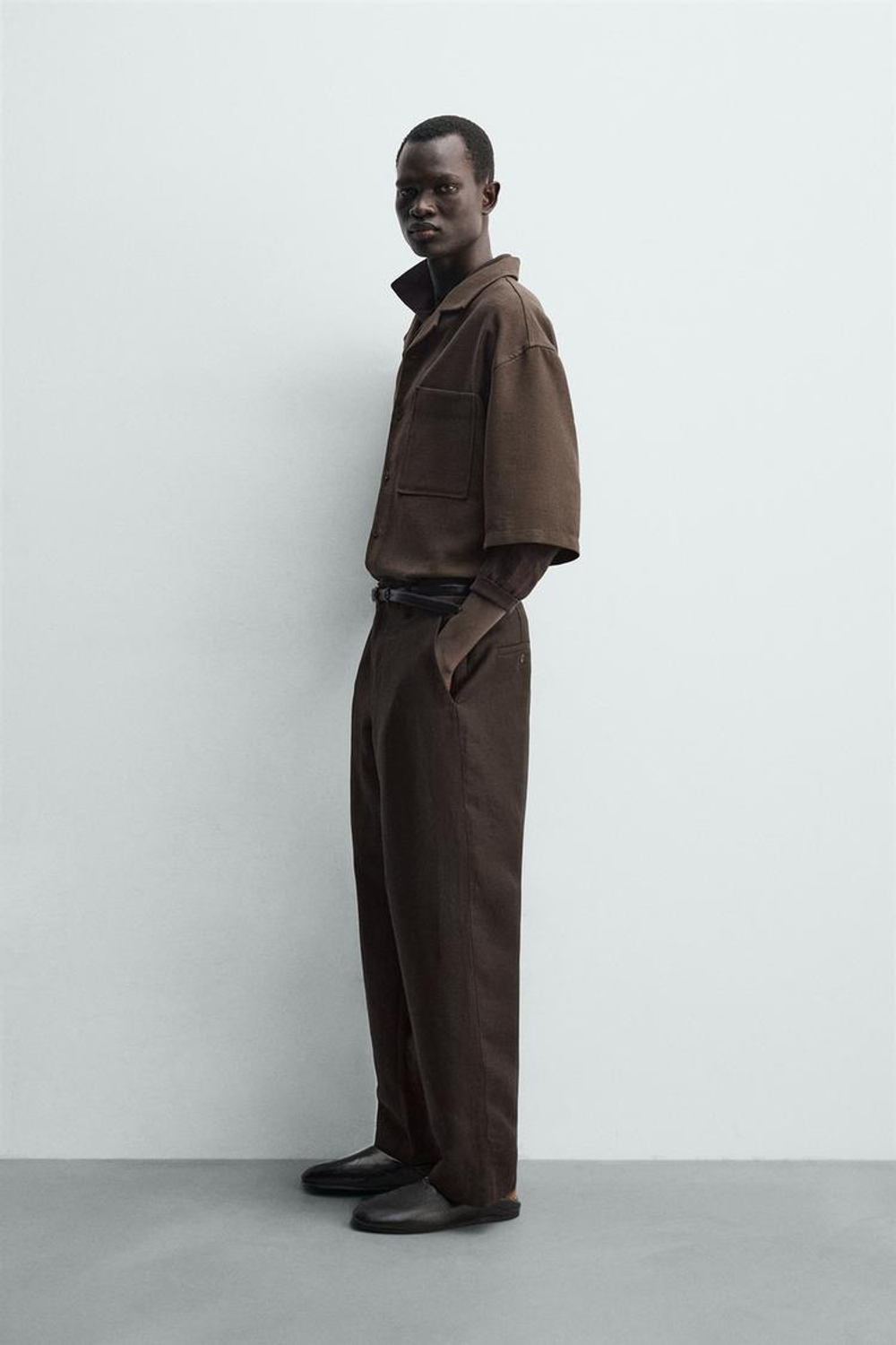 ZARA РУБАШКА BOXY FIT ИЗ РЕЛЬЕФНОЙ ТКАНИ, КОРИЧНЕВЫЙ