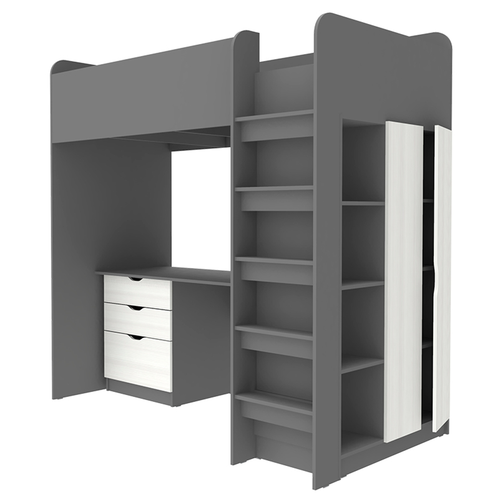 Кровать-чердак КарИВи Polini Simple с письменным столом и Шкаф КарИВиом Темно-серый Белое Дерево