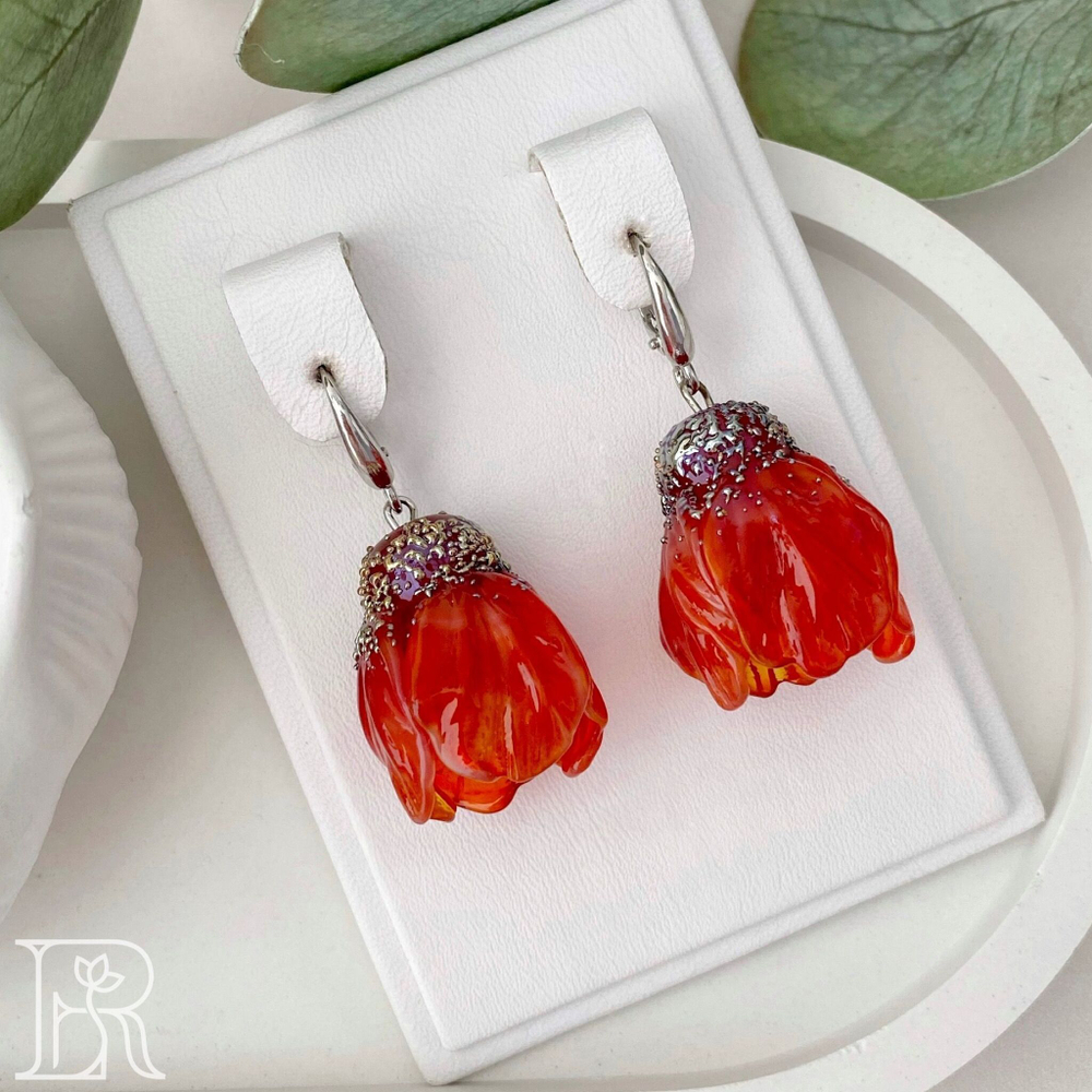 LEFIREL' Серьги серебряные женские "Рания" с цветами из муранского стекла / ювелирные украшения из родированного серебра 925