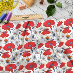 Ткань шифон насыщенные маки и цветы зреющей клубники