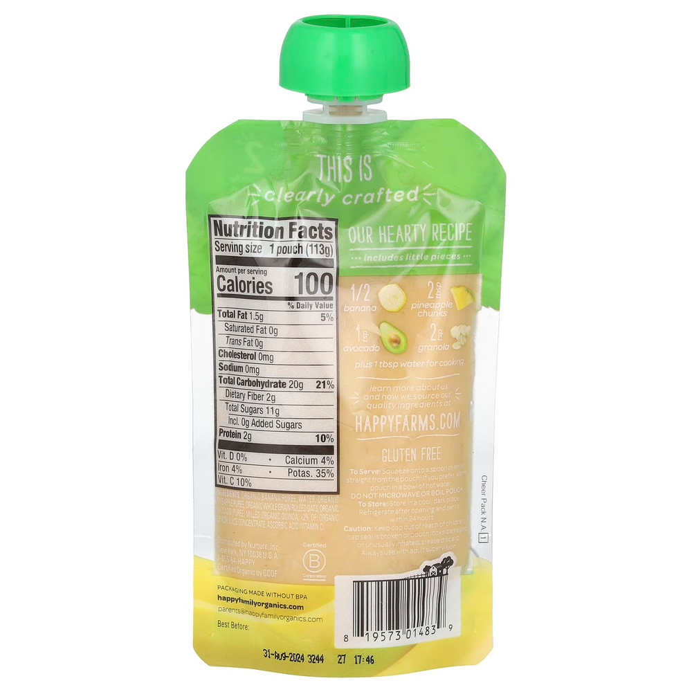 Happy Family Organics, Happy Baby®, органическое детское питание, для детей от 6 месяцев, бананы, ананас, авокадо и гранола, 113 г (4 унции)