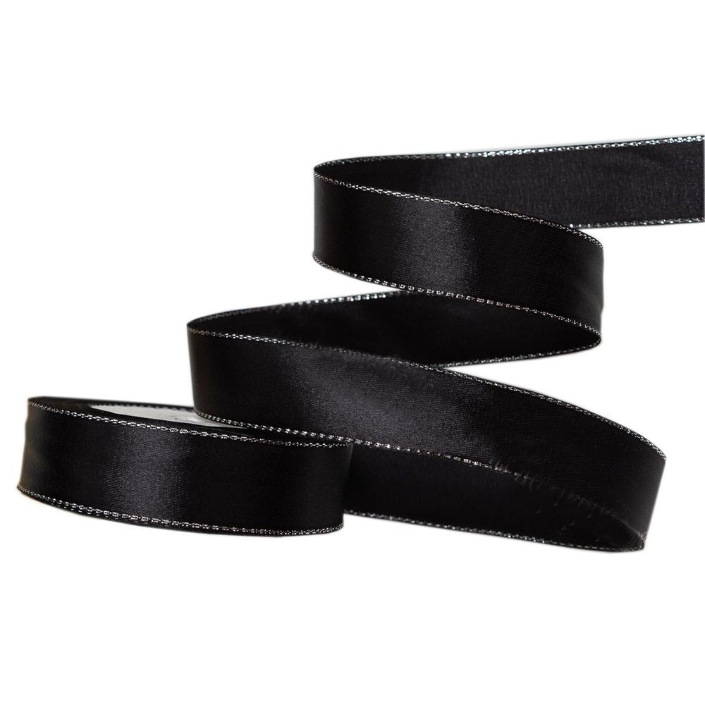 Декоративная лента атласная для декора и флористики, 2,5 см, намотка 20 ярдов, черная, с люриксом