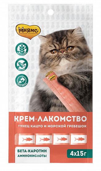 Мнямс  Крем -лакомство для кошек с тунцом и морским гребешком 15гр
