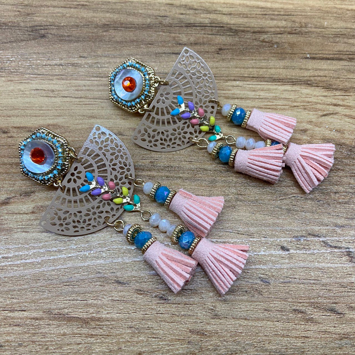 Клипсы Шестигранник перламутр стразы полукруг ажурный веточка ассорти 3 кисточки цвет бежевый розовый металл золотистый