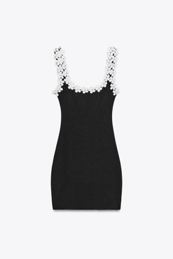 ZARA ПЛАТЬЕ-СТРЕЙЧ С ЦВЕТОЧНОЙ ОТДЕЛКОЙ, ЧЕРНЫЙ