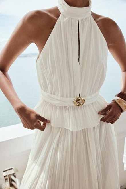 ZARA ТОП С ГОРЛОВИНОЙ ХАЛТЕР И СБОРКАМИ, ЖЕЛТОВАТО-БЕЛЫЙ