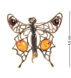 AM-1656 Брошь «Бабочка Леди-мотылёк» (латунь, янтарь)