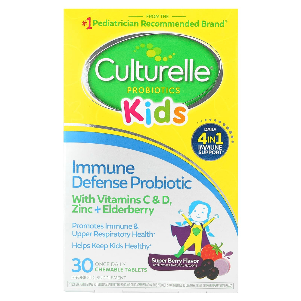 Culturelle, Для детей, пробиотики, иммунная защита, супер ягоды, 30 жевательных таблеток для приема один раз в день