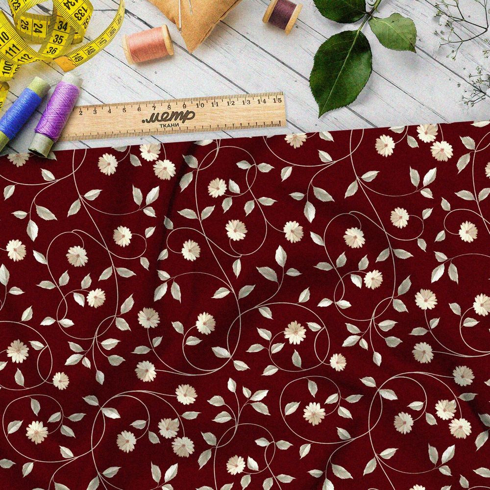 Ткань мембрана полевые цветы на бордовом фоне