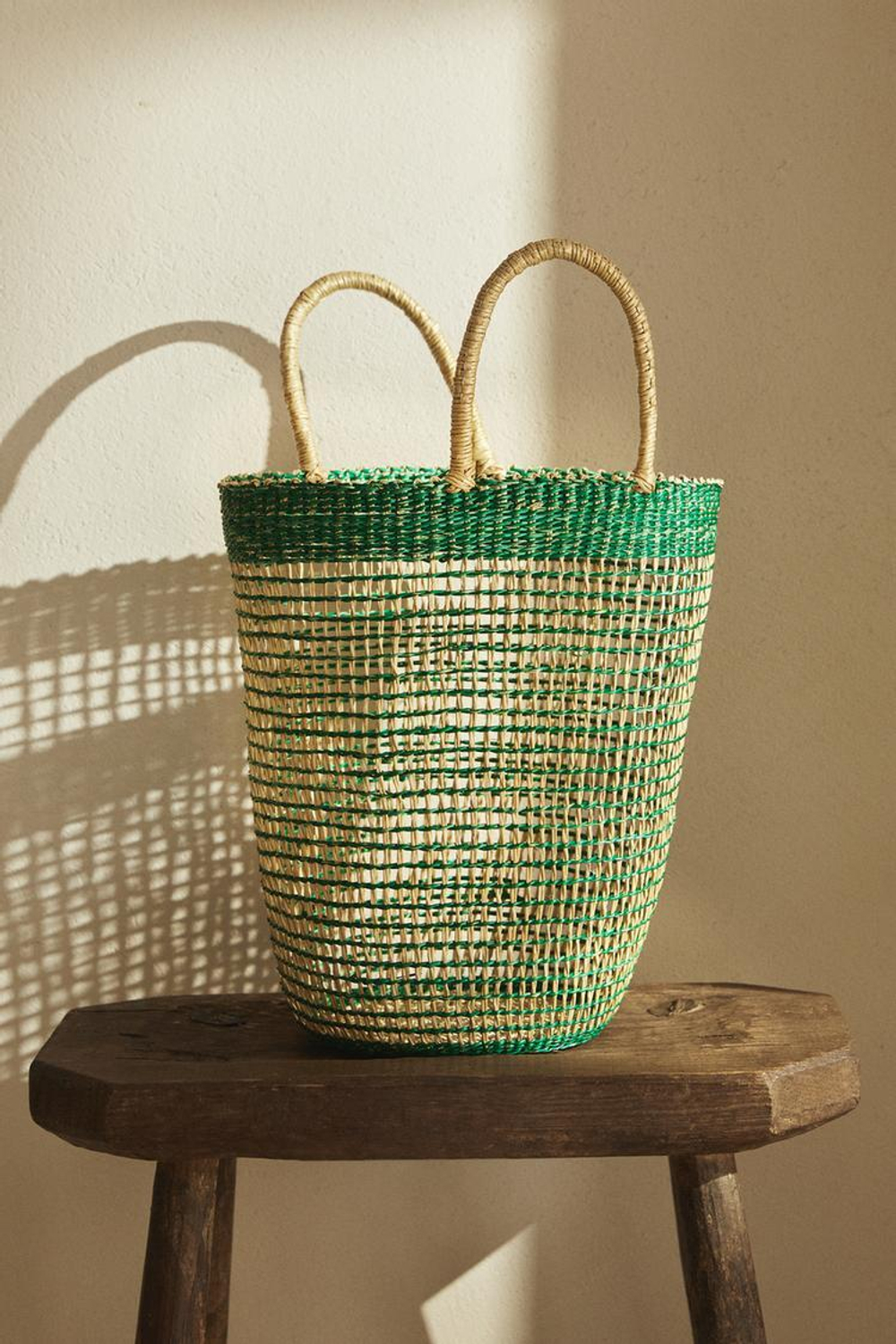 ZARA HOME БОЛЬШАЯ ПЛЯЖНАЯ СУМКА-КОРЗИНА, ЗЕЛЕНЫЙ