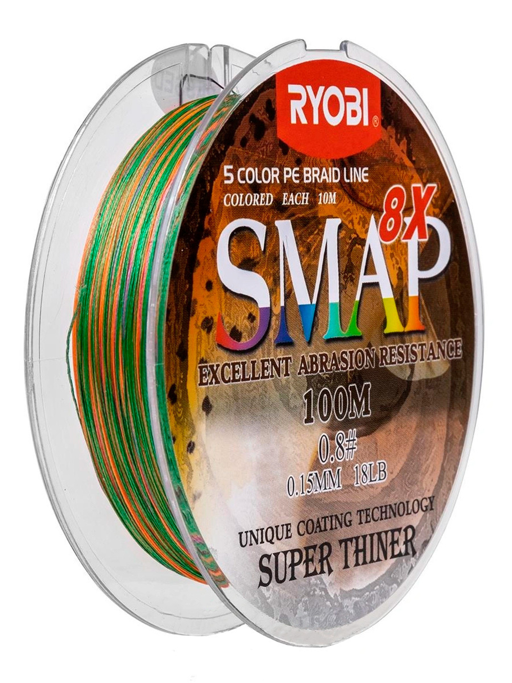 Шнур плетеный для рыбалки Ryobi SMAP PE8X-100M Multi Colour 6.0# 0,405мм