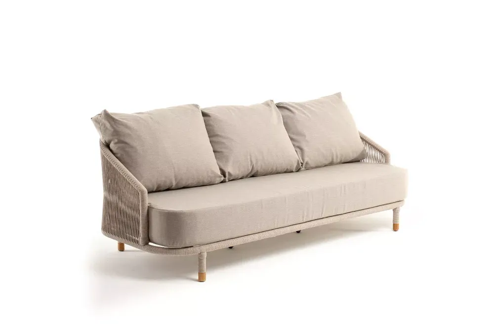 "Верона" диван 3-местный плетеный из роупа, каркас алюминий белый муар, роуп бежевый круглый, ткань бежевая 052