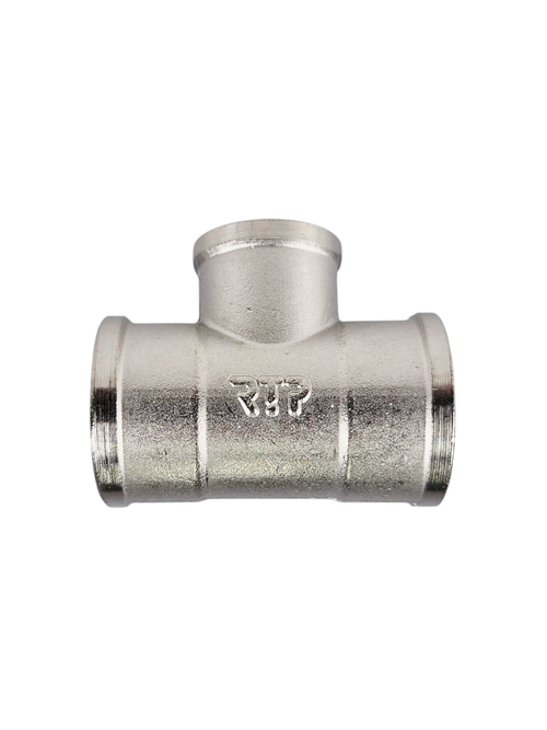 Тройник переходной, латунь, внутренняя/внутренняя/внутренняя резьба 3/4"х1/2"х3/4", никель, RTP