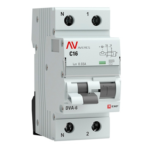 Дифавтомат AVERES DVA-6 C16А 1P+N 30мА тип AC однофазный электромеханический 6кА EKF (дифференциальный автомат, АВДТ) rcbo6-1pn-16C-30-ac-av
