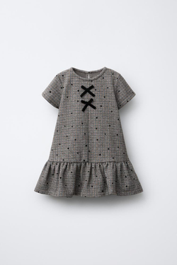 ZARA ПЛАТЬЕ ИЗ ТКАНИ «ГУСИНАЯ ЛАПКА» С БАРХАТНЫМИ БАНТАМИ, РЫЖЕВАТО-КОРИЧНЕВЫЙ