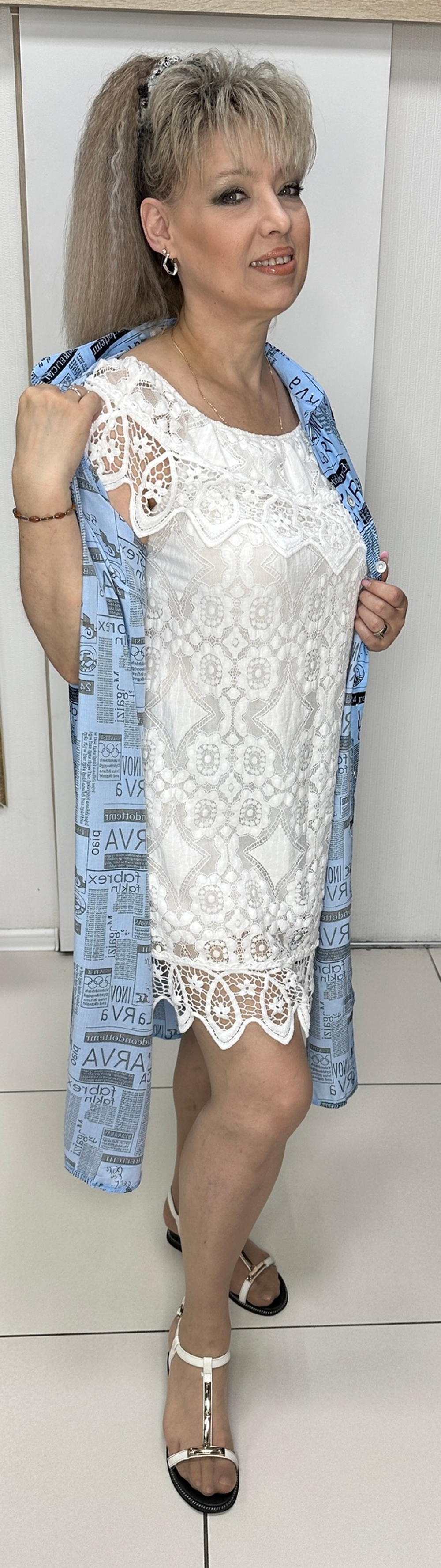 Белая ажурная туника с шитьем