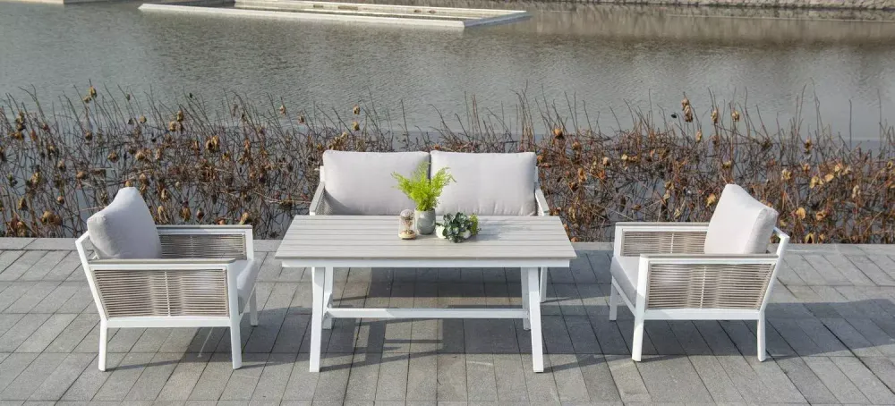 "Сан Ремо" диван 2-местный плетеный из роупа, каркас алюминий белый, роуп бежевый, ткань бежевая