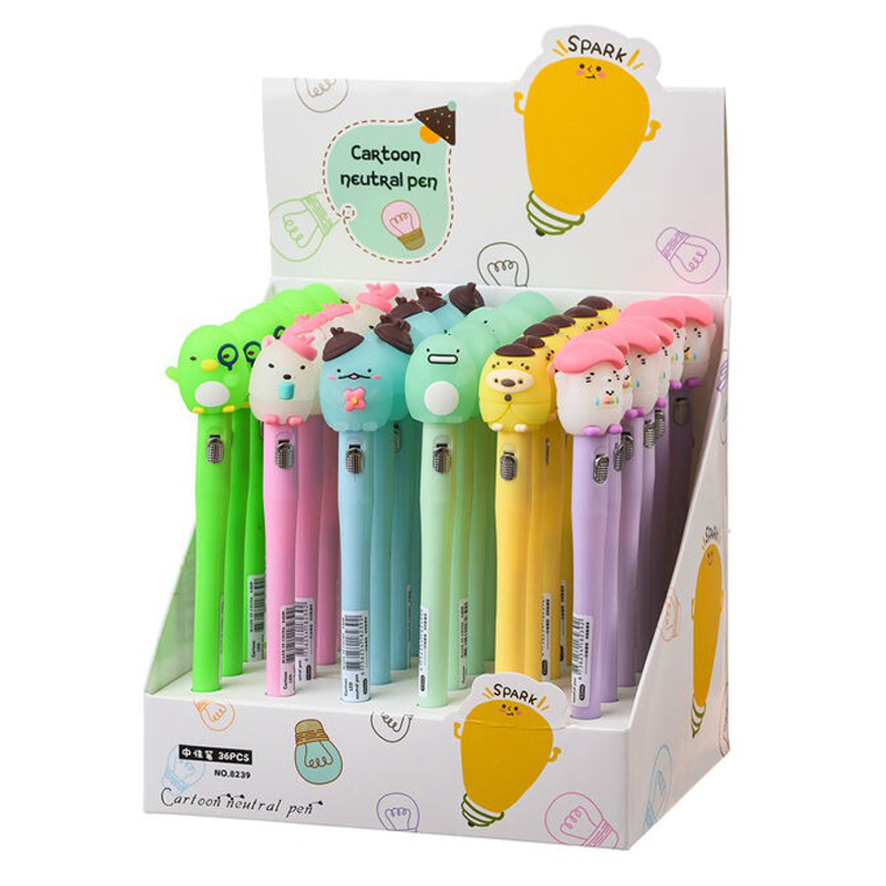 Ручка шариковая, Basir, синие чернила, серия "Забавные фигурки", с резиновой фигуркой и фонариком, 36 шт