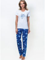 Домашний комплект с прямыми принтованными брюками (Размер: XL) (Цвет: серый с синим)
