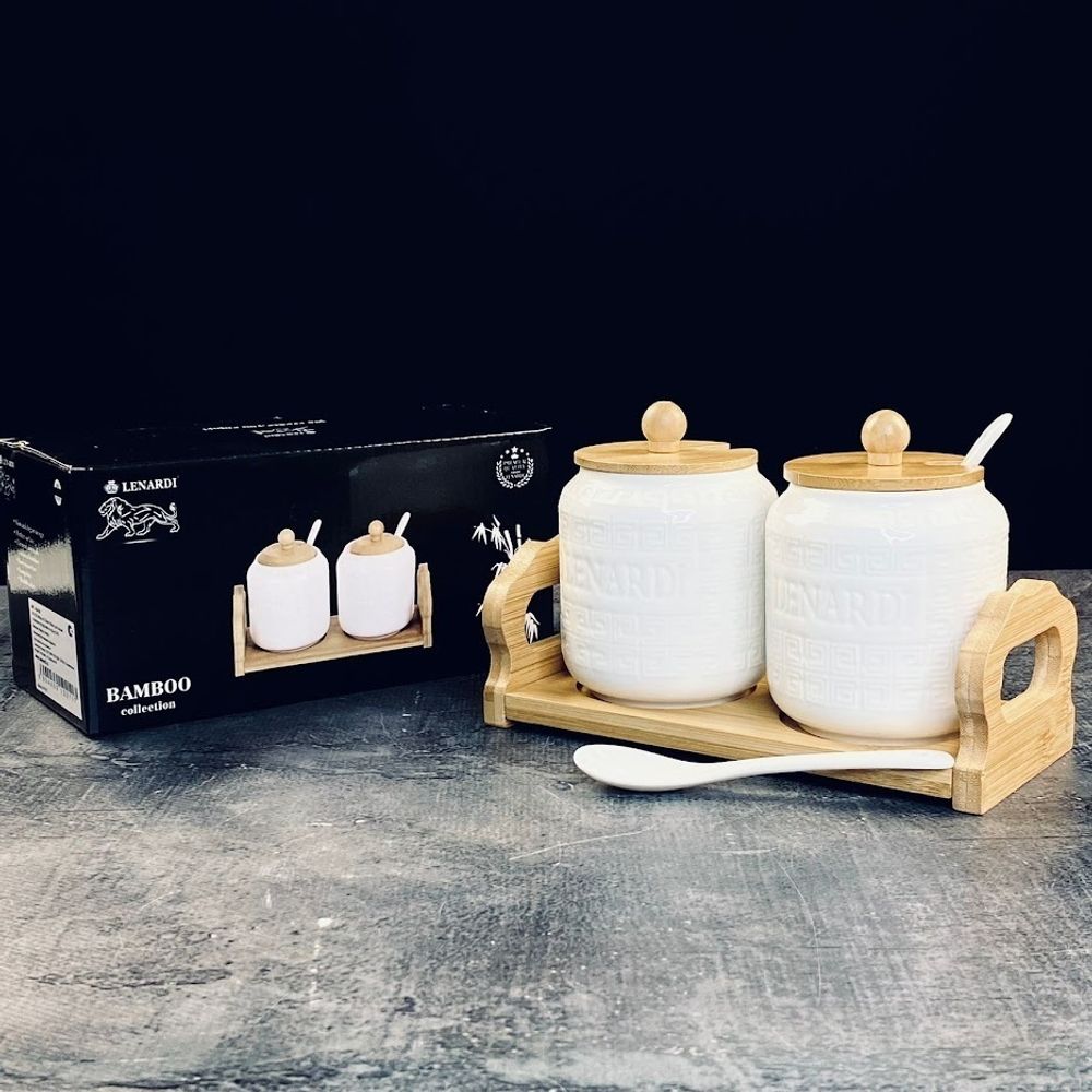 Lenardi 140-120 Набор из 2 банок 350мл для специй с ложками на подставке BAMBOO в под.уп.(х24)Фарфор