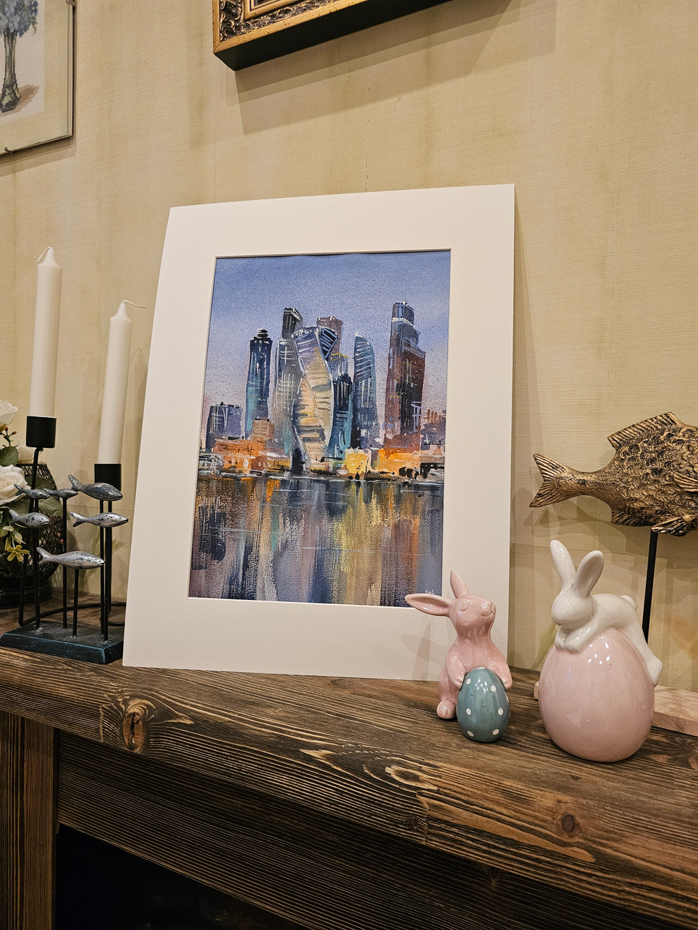Картина авторская акварельная в паспарту 30х40 см на стену для интерьера "Сити. Москва"