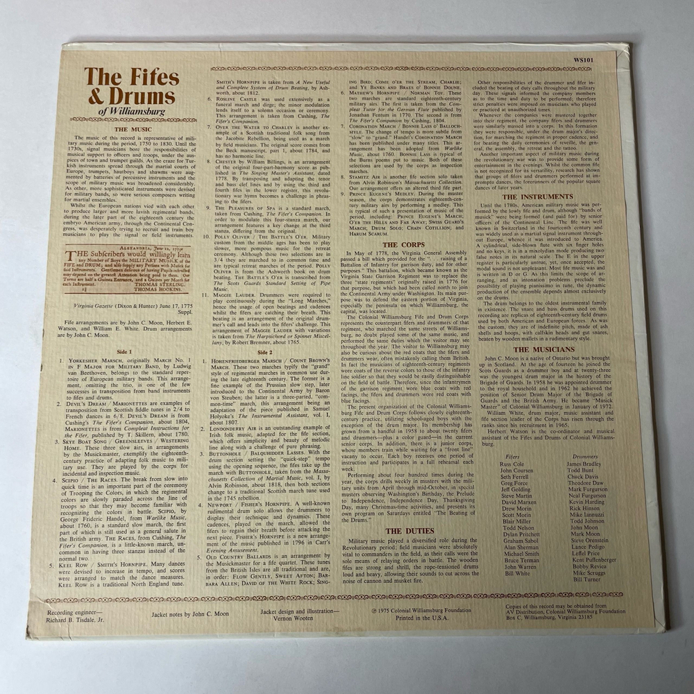 Винтажная виниловая пластинка LP The Fifes and Drums Of Williamsburg (США 1975)