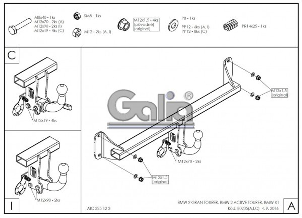 Фаркоп оцинкованный Galia B023C для BMW X1 F48 07/2015-, BMW 2-Series Active Tourer F45 09/2014-, BMW 2-Series Gran Tourer F46 05/2015-(паспорт и сертификат в комплекте)(без электрики)
