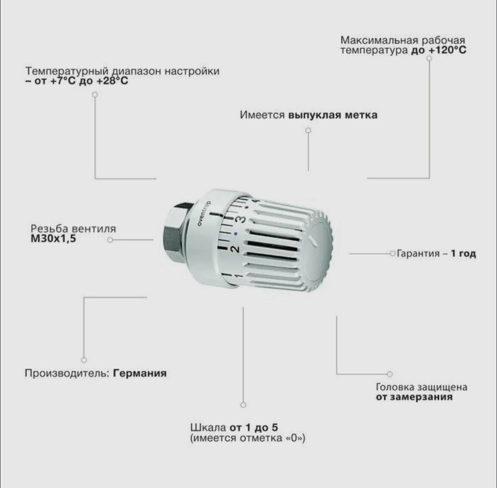 Термостатическая головка Oventrop Uni LH, артикул 1011465, белая, 7-28 С, с нулевой отметкой