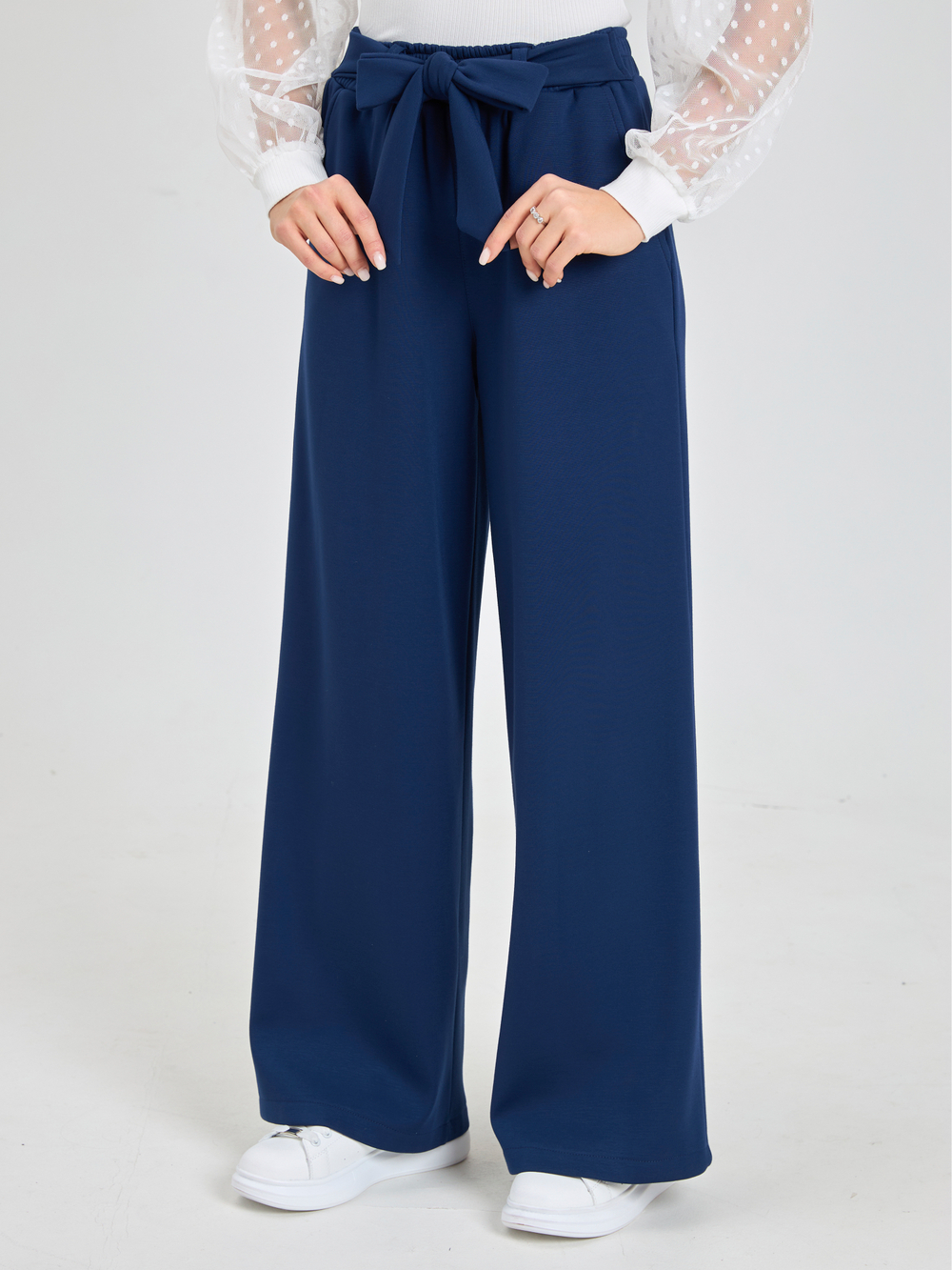 Брюки утепленные для девочки палаццо с завязками темно-синие