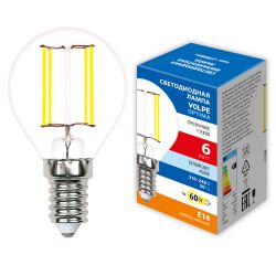 LED-G45-6W-4000K-E14-CL-SLF Лампа светодиодная. Форма шар. прозрачная. Белый свет 4000K. ТМ Volpe