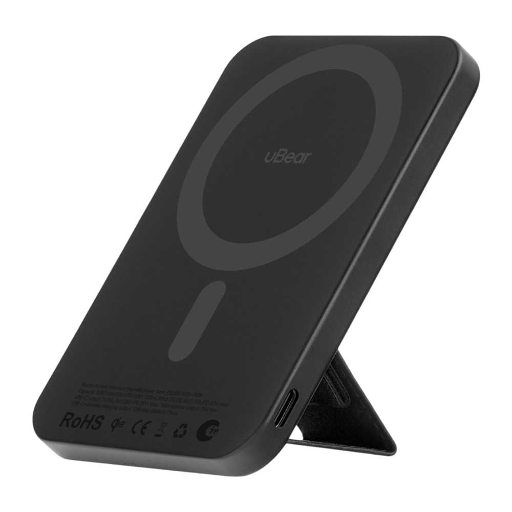 Внешний аккумулятор MagSafe с подставкой uBear Accent (Qi2) (5000 мА·ч) Беспроводная зарядка: Qi 15 Вт. Проводная зарядка: USB-C. Есть LED-индикация и поддержка PD. Энергоёмкость — 19,25 Вт·ч. Максимальная выходная мощность — 20 Вт