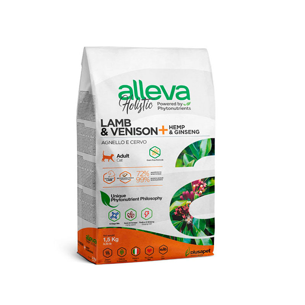 Беззерновой корм Alleva Holistic, для кошек, ягненок/оленина/конопля/женьшень, 1.5 кг
