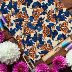 Ткань таффета оранжевые бабочки и синие листья на жёлтом фоне