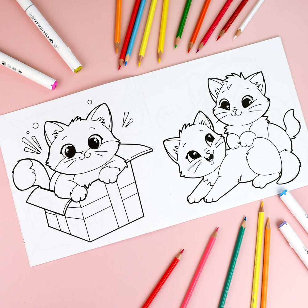 Книжка-раскраска для детей "У меня лапки" арт. 71055 МИЛЫЕ КОТИКИ /215x215 мм, 8 л., блок - офсет 100 г/м², печать в одну краску, обл - мелованный картон 200 г/м², выборочный УФ-лак, мягкий переплёт (2 скобы),