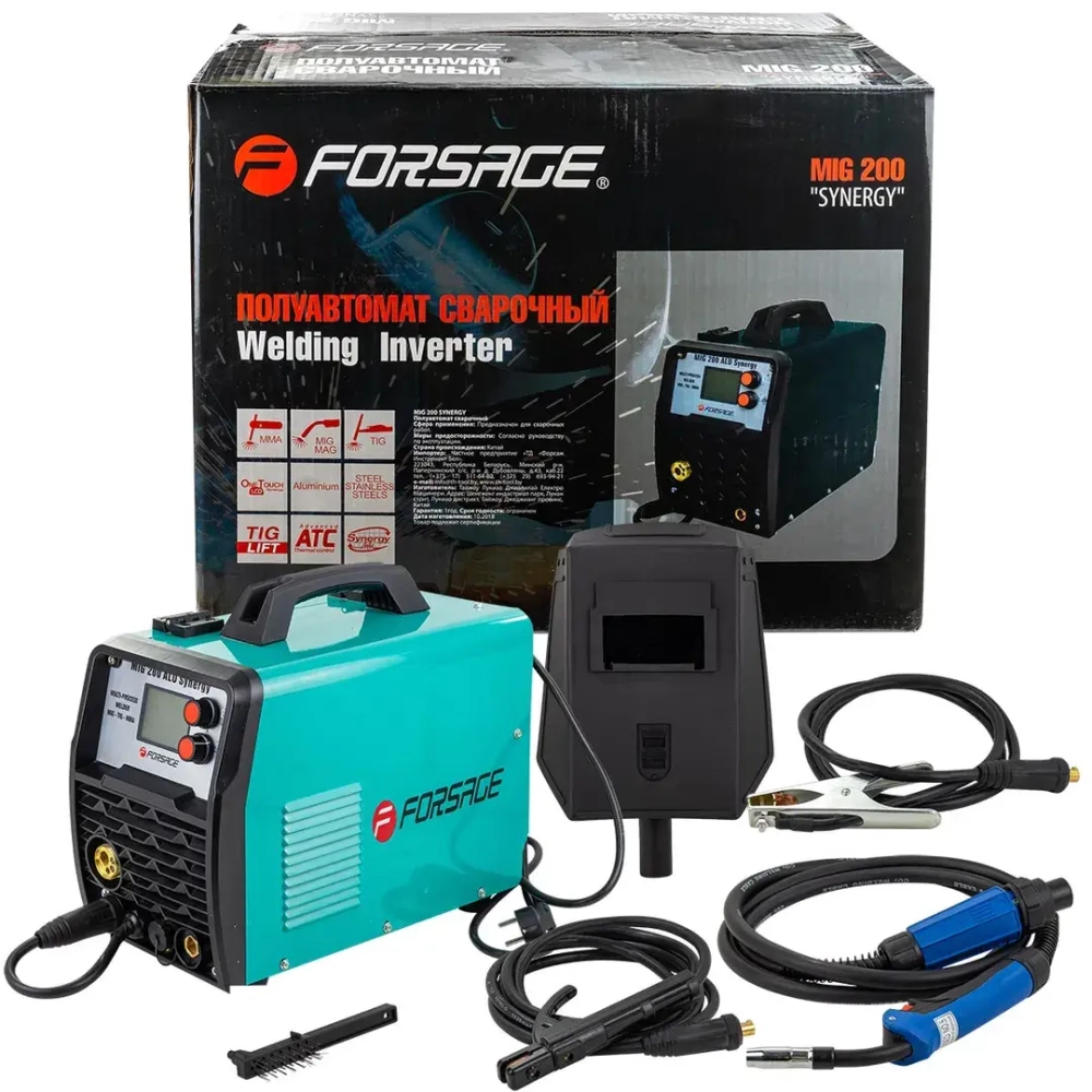 Сварочный аппарат MIG, MMA, TIG (220V, 5.8кВт,10-230А, электрод 1,6-4мм, проволока 0.8-1мм, к-т мощности 0.98, раб. цикл 60%, цифр. табло) Forsage F-MIG200 SYNERGY
