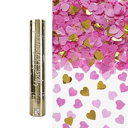 Пневмохлопушка (12/30 см), Гендер Пати, Ура, Девочка!, Сердца фольга и тишью, Розовый/Золото