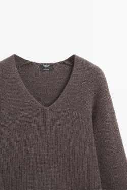 Massimo Dutti Свитер из 100% кашемира с V-образным вырезом, пестро-коричневый
